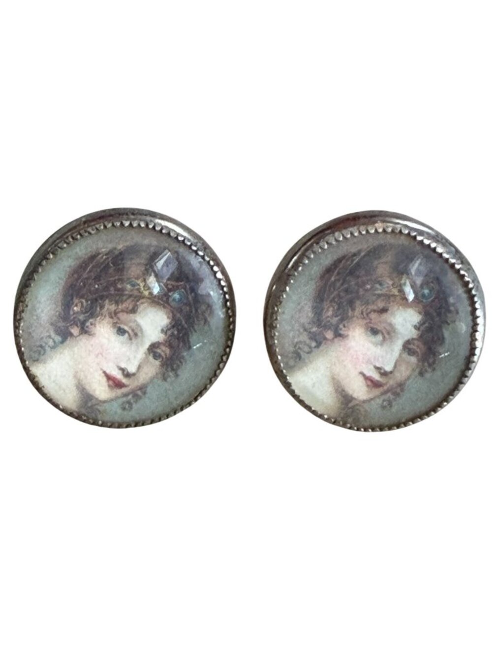 Antique CORO Portrait Earrings Domed Glass Edwardian Lady Screw Back 1920s 30s